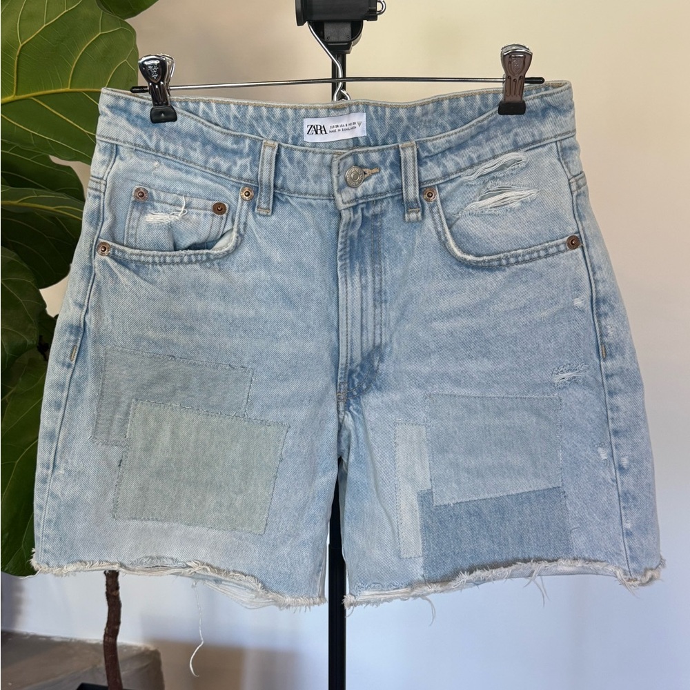 Zara Patchwork Light Wash Denim Shorts
